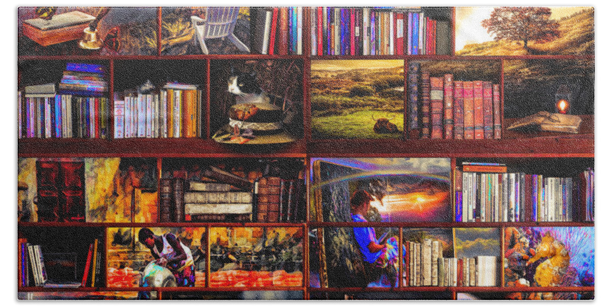 Boats Beach Towel featuring the digital art The Library The Golden Travel Section by Debra and Dave Vanderlaan