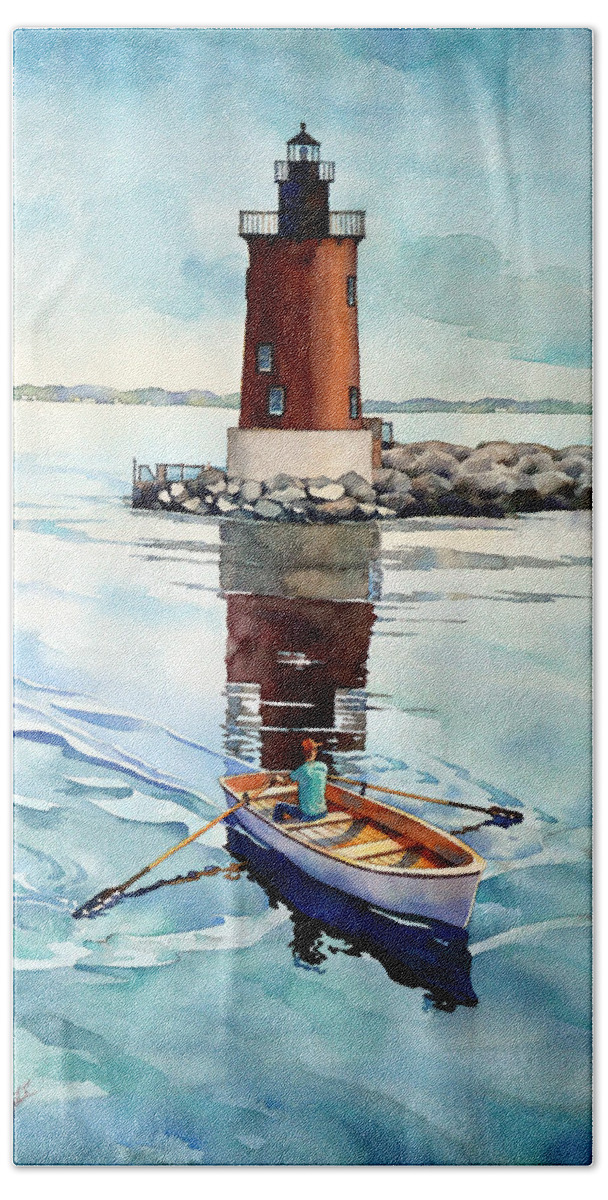 #watercolor #watercolorpainting #delaware #delawarebay #ral #capehenlopen #lighthouse #art #artistsoninstagram #boat #landscape #painting #rowing #rehobothbeach #water Beach Towel featuring the painting The Lighthouse Keeper by Mick Williams