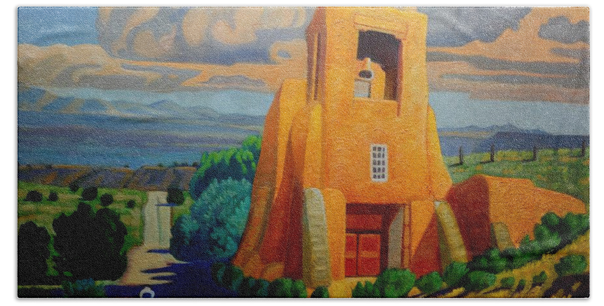 Santa Fe Beach Towel featuring the painting The Long Road to Santa Fe by Art West