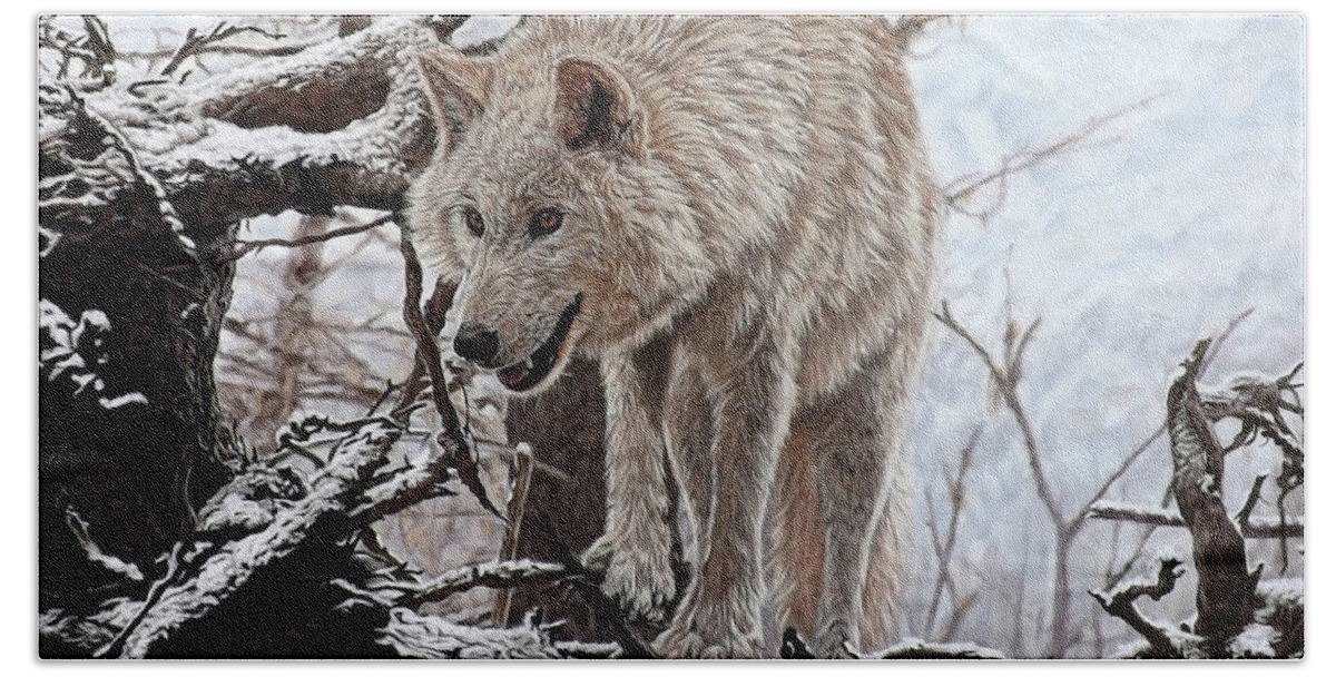 Grey Wolf Beach Towel featuring the pastel The Lookout by Linda Becker