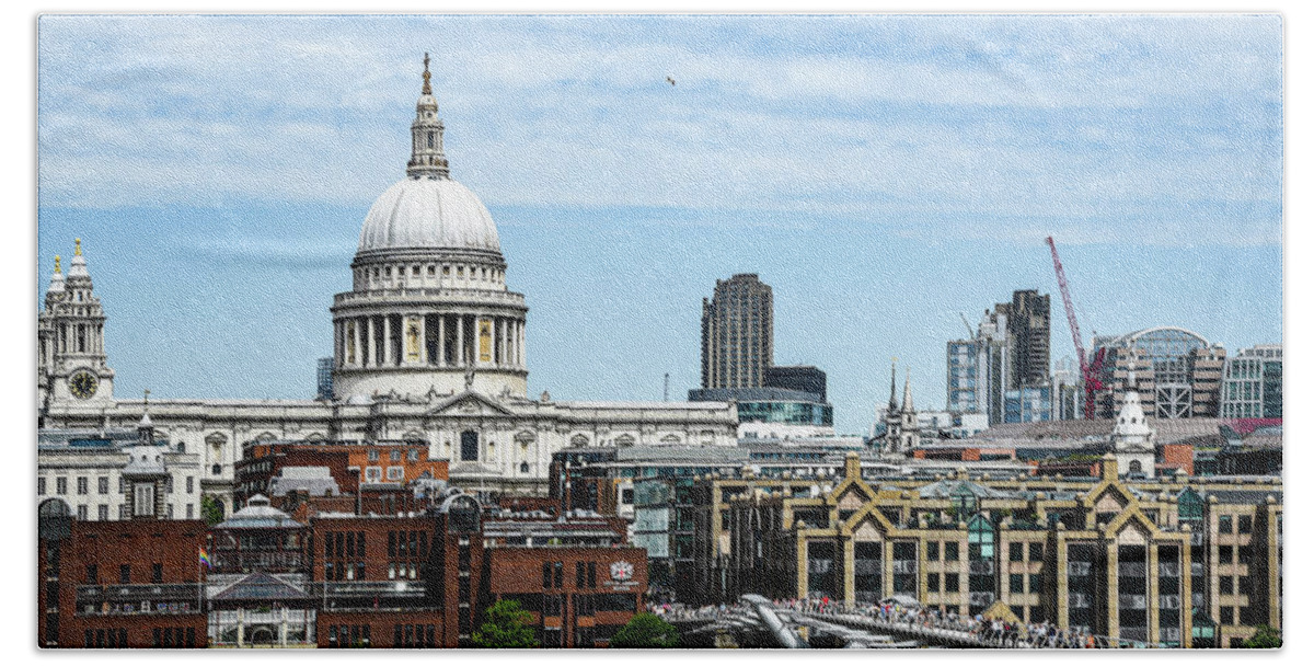 London Beach Towel featuring the photograph The Millennium bridge and St Pauls cathedral in central London by Michalakis Ppalis