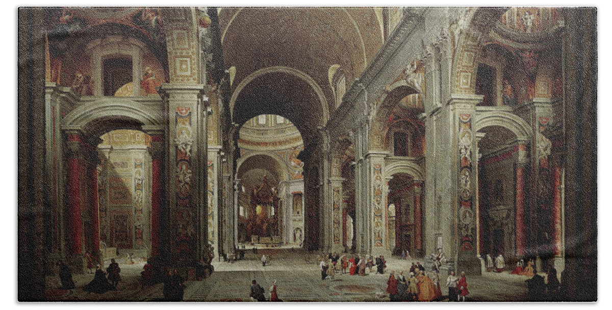 The Nave Of St. Peter's Basilica Beach Towel featuring the painting The Nave of St Peter's Basilica in the Vatican c1735 by Giovanni Paolo Pannini by Rolando Burbon