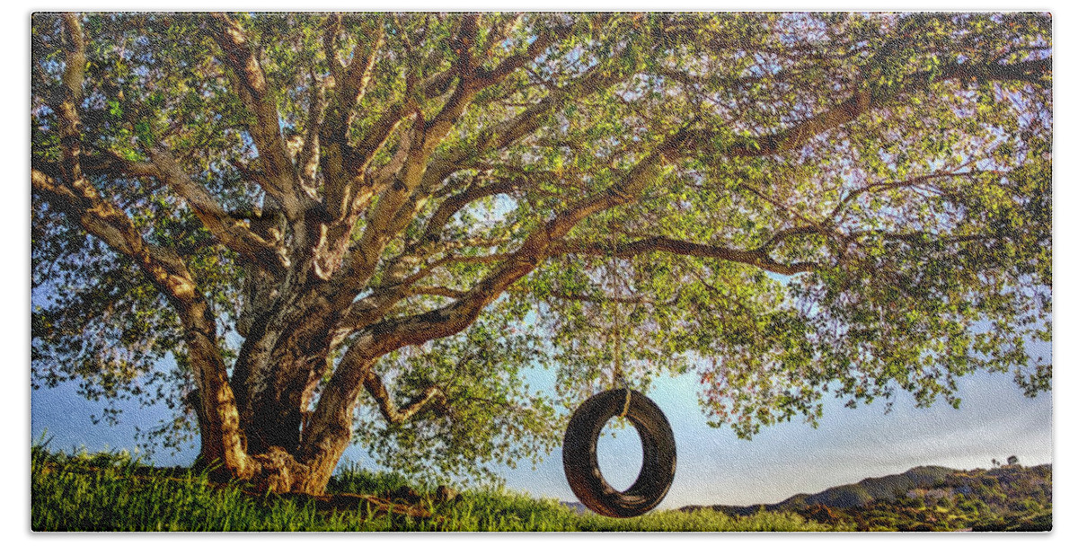Oak Tree Beach Towel featuring the photograph The Old Tire Swing by Endre Balogh