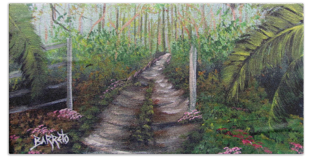 Path Beach Towel featuring the painting The Path by Gloria E Barreto-Rodriguez