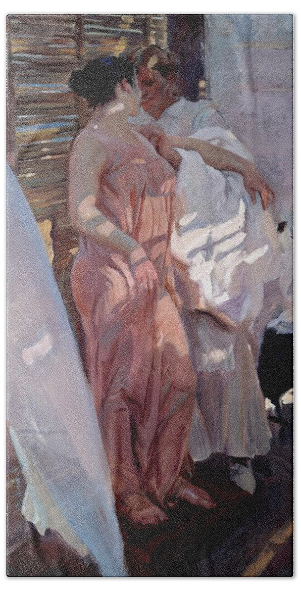 Joaquin Sorolla Beach Towel featuring the painting 'The Pink Robe or After the Bath', 1916, Oil on canvas, 210 x 128 cm. by Joaquin Sorolla -1863-1923-