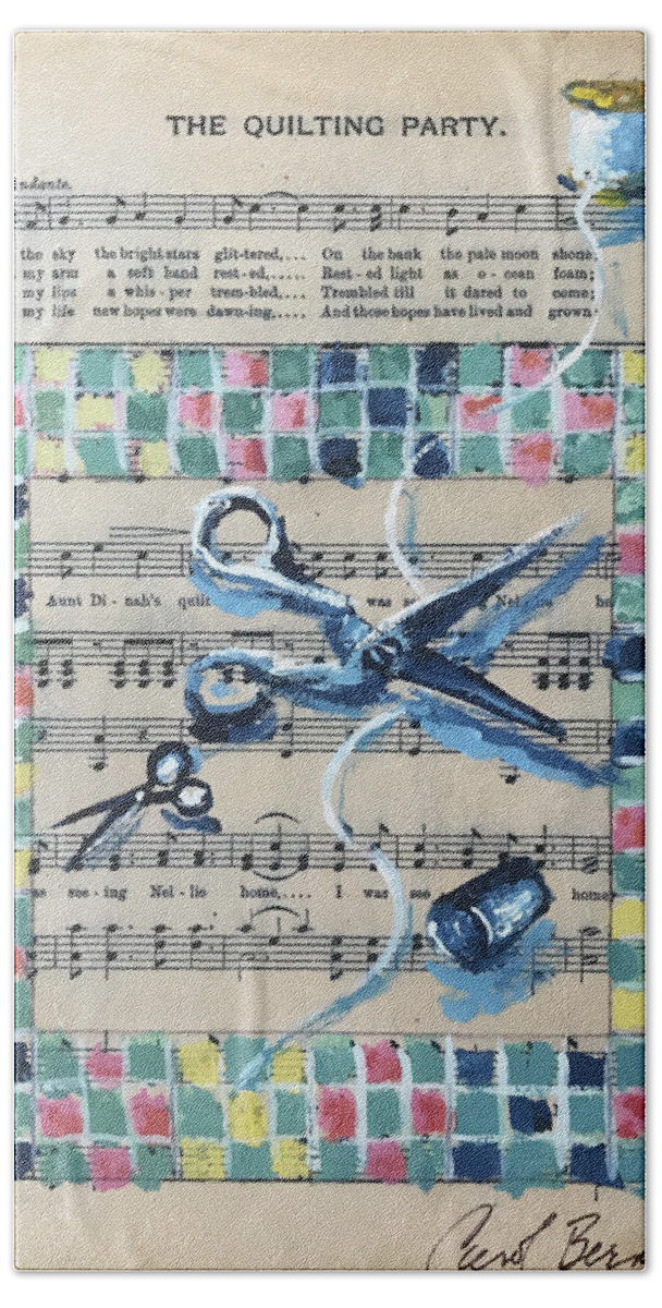 Gouache Beach Towel featuring the painting The Quilting Party by Carol Berning