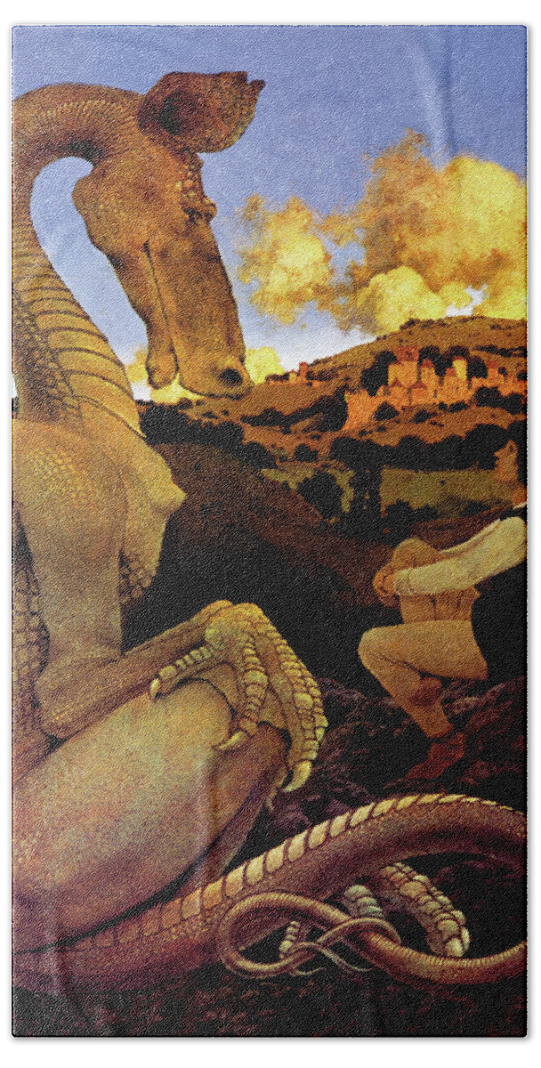 Dragon Beach Towel featuring the painting The Reluctant Dragon by Maxfield Parrish