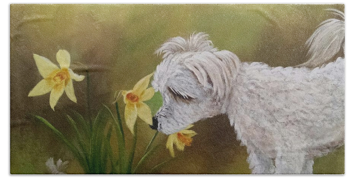 Dog Portrait Beach Towel featuring the painting The Smell of Spring by Helian Cornwell