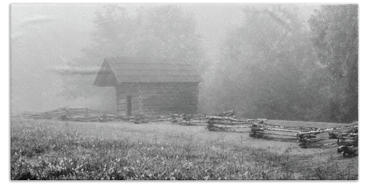 Cades Cove Beach Towel featuring the photograph The Woodshed on a Foggy Morning, Black and White by Marcy Wielfaert