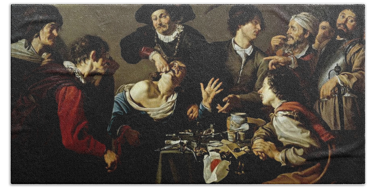 The Tooth Extractor Beach Towel featuring the painting Theodoor Rombouts / 'The Tooth Extractor', 1620-1625, Flemish School, Oil on canvas. by Theodoor Rombouts -1597-1637-