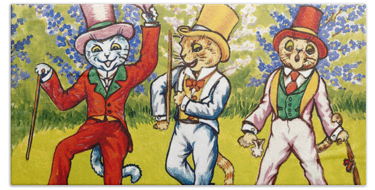 Cats Beach Towel featuring the painting Three cats performing a song and dance act by Louis Wain