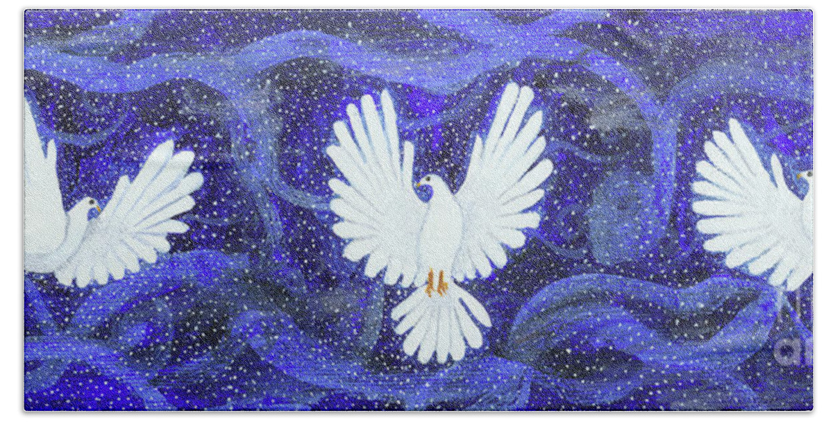 Lise Winne Beach Towel featuring the painting Three Doves in a Swirling Midnight by Lise Winne