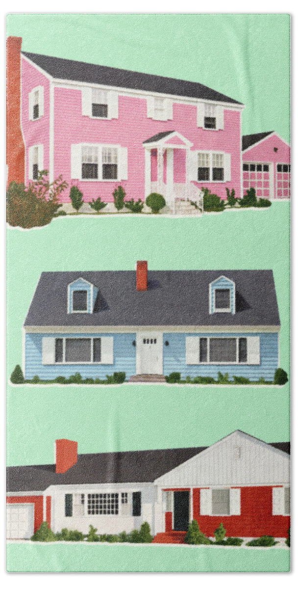 Architecture Beach Towel featuring the drawing Three Houses by CSA Images