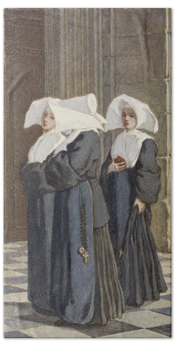 19th Century Art Beach Towel featuring the drawing Three Nuns in the Portal of a Church by Armand Gautier
