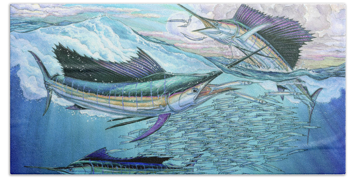 Blue Mrlin Beach Sheet featuring the painting Three sailfish and bait ball by Terry Fox