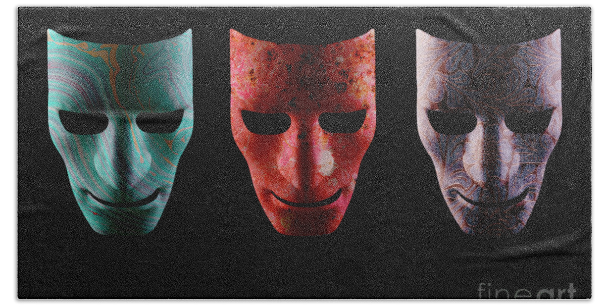Mask Beach Towel featuring the photograph Three textured AI robotic face masks by Simon Bratt