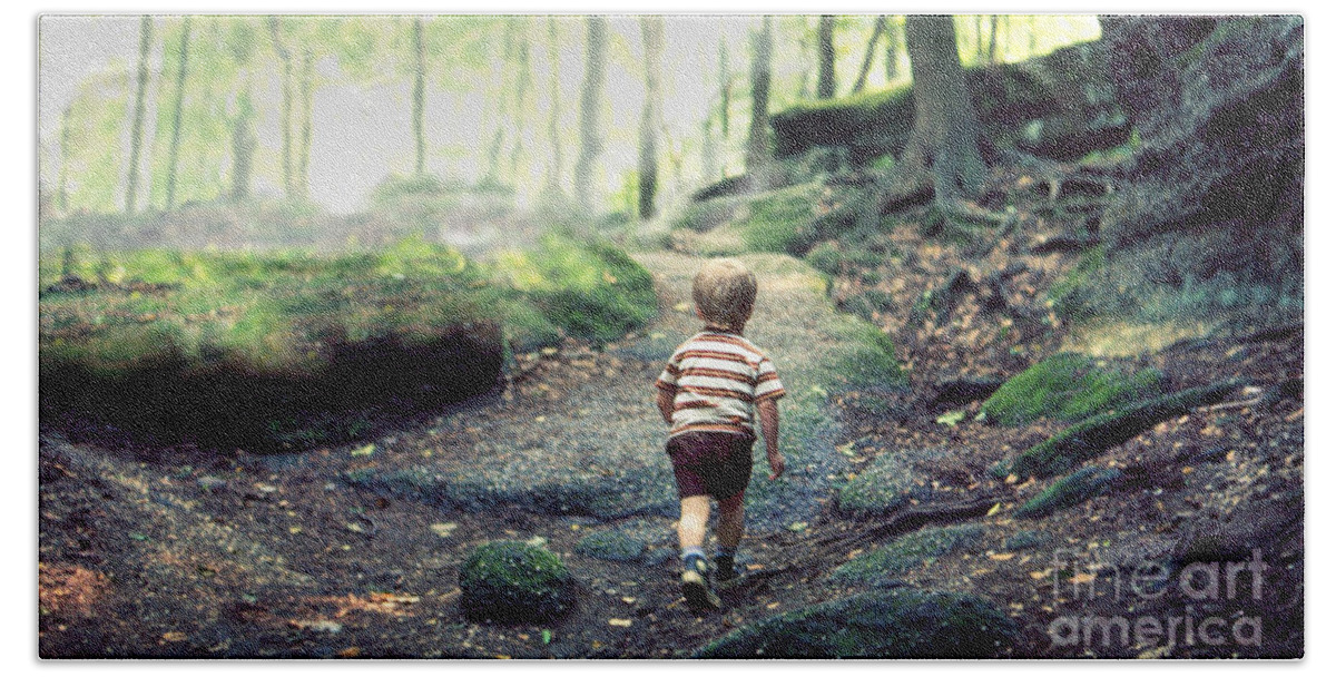 Hiking Beach Towel featuring the photograph Three year old small boy child hiking alone on an uphill trail in a boulder strewn deciduous forest by Robert C Paulson Jr