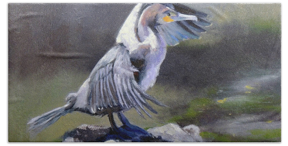 Cormorant Beach Towel featuring the painting Tiber River Cormorant by Marsha Karle