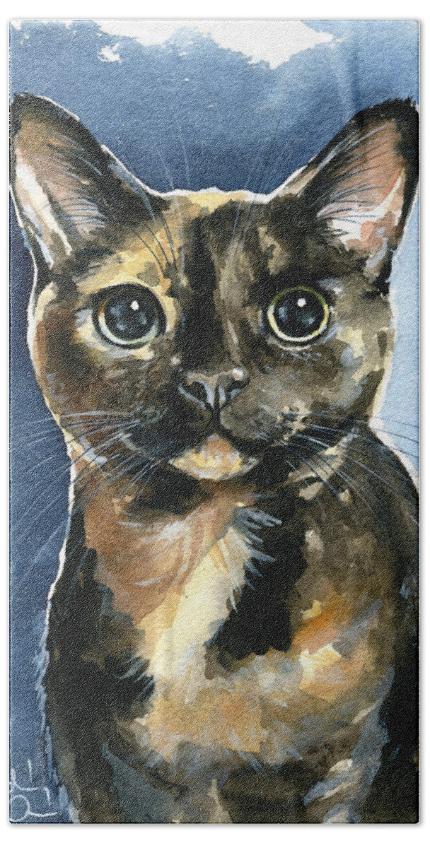 Cat Beach Towel featuring the painting Tiffany Tortoiseshell Cat Painting by Dora Hathazi Mendes