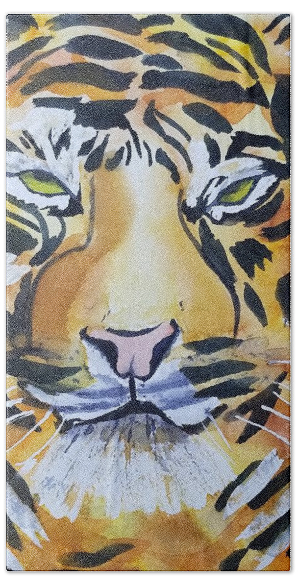 Tiger Beach Towel featuring the painting Tiger Eyes by Ann Frederick