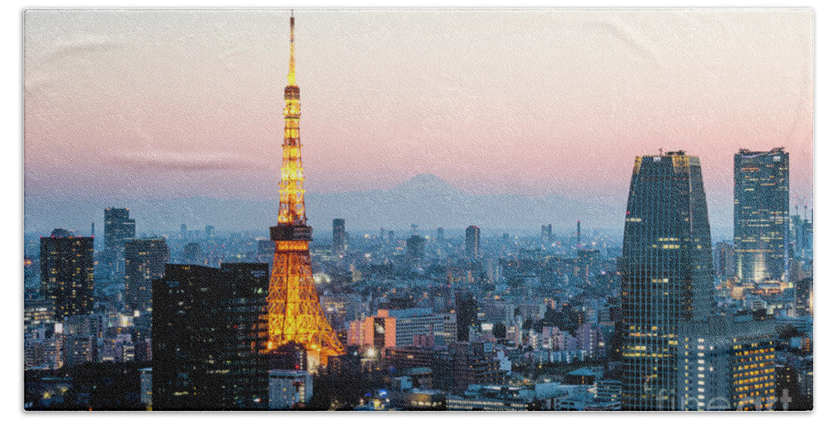 Tokyo Beach Towel featuring the photograph Tokyo tower and city at sunset, Japan by Matteo Colombo