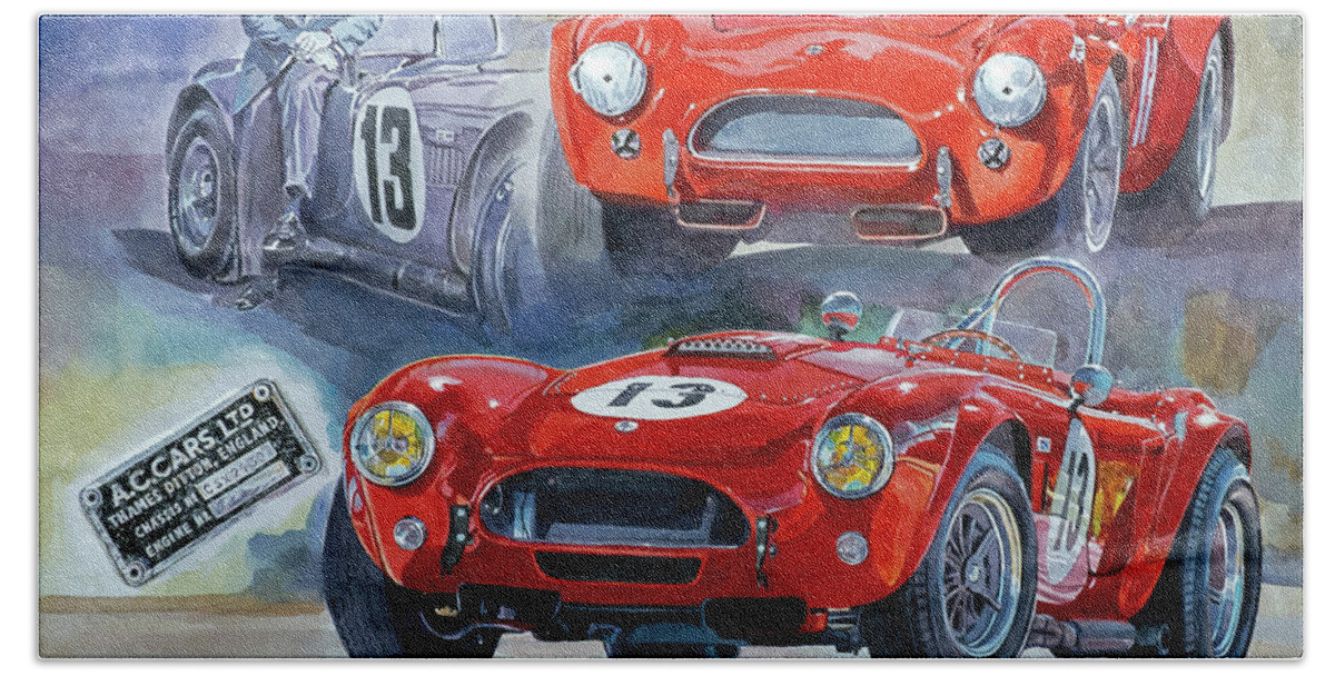 Ac Cobra Beach Towel featuring the painting TOM PAYNE'S No 13 289 COBRA COMPETITION by David Lloyd Glover