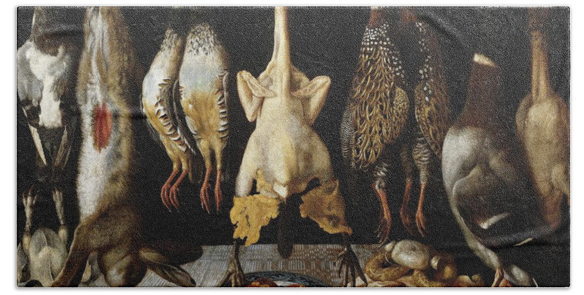 Still Life Of Birds And Hares Beach Towel featuring the painting Tomas Hiepes / 'Still Life of Birds and Hares', 1643, Spanish School, Oil on canvas, 67 cm x 96 cm. by Tomas Yepes -c 1610-1674-