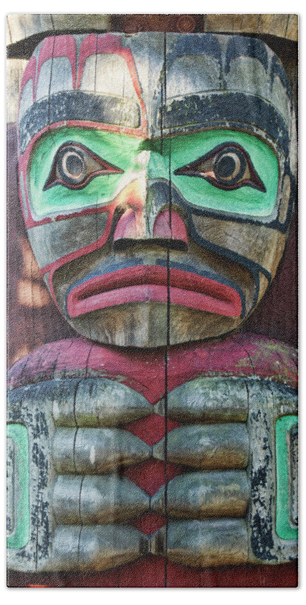Totem Pole Beach Towel featuring the photograph Totem Pole Detail - Thunderbird Park by Peggy Collins