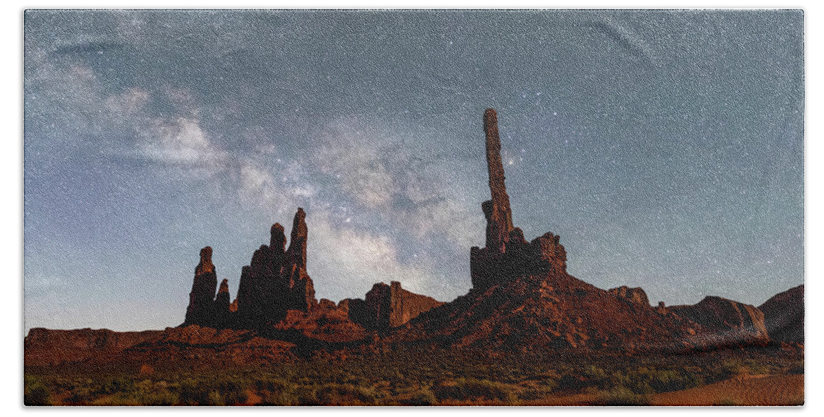 Monument Valley Tribal Park Beach Towel featuring the photograph Totem Pole, Yei Bi Che and Milky Way by Dan Norris