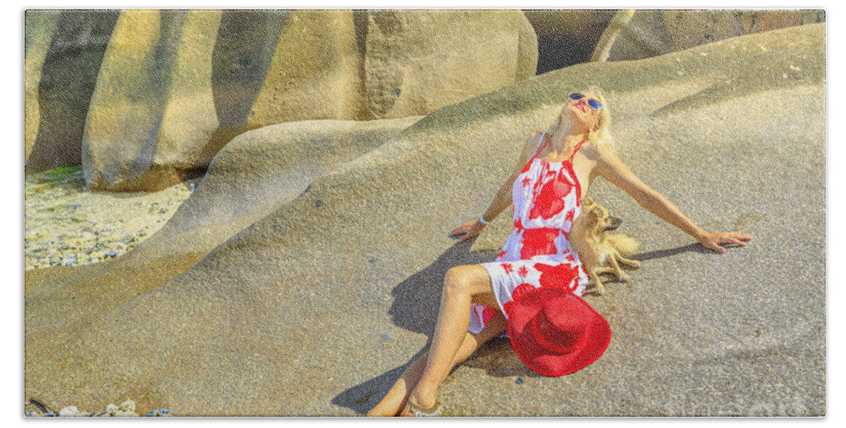Anse Source Dargent Beach Towel featuring the photograph Tourist woman at Seychelles by Benny Marty