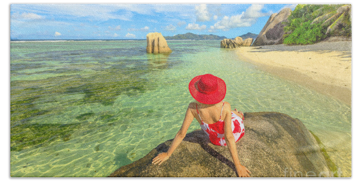 Seychelles Beach Towel featuring the photograph Tourist woman at Source dArgent by Benny Marty