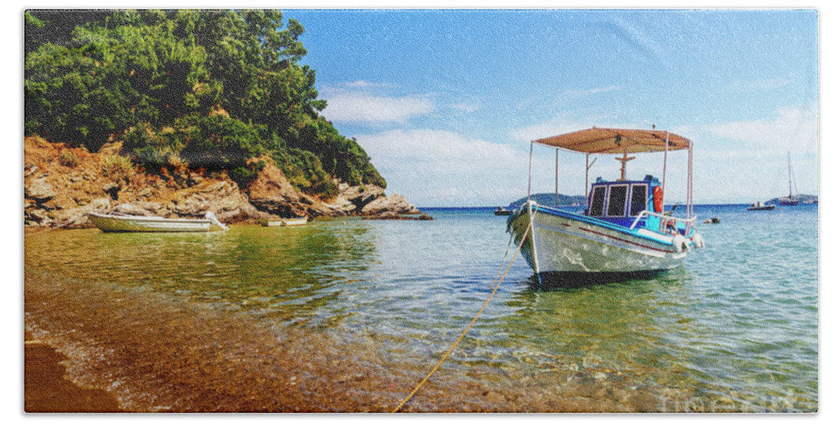 Skiathos Beach Sheet featuring the photograph Traditional colorful boats in old town of Skiathos island, Spora by Jelena Jovanovic