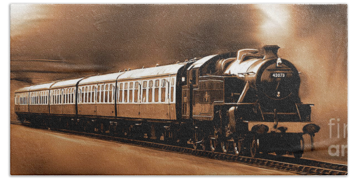 Train Beach Towel featuring the painting Train art in sepia by Gull G