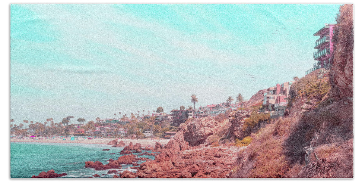 Georgia Mizuleva Beach Towel featuring the photograph Transcending Reality - Corona Del Mar Beach and Cliffs in Coral Pink and Turquoise by Georgia Mizuleva