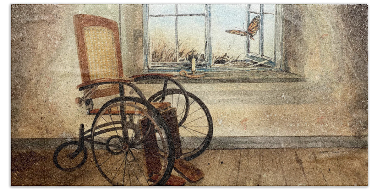 An Antique Empty Wheel Chair Sets By An Open Window As Butterfly Soars Outward. Beach Sheet featuring the painting Transitioning by Monte Toon