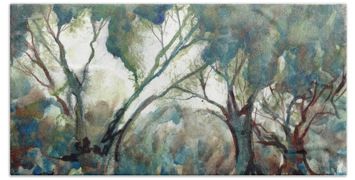 Landscape Trees Louisiana Watercolor Abstract Impressionism Water Bayou Canal Blue Set Design Abstract Painting Abstract Landscape Scene Cypress Trees Swamp Louisiana Swamp Beach Towel featuring the painting Tree Study by Francelle Theriot