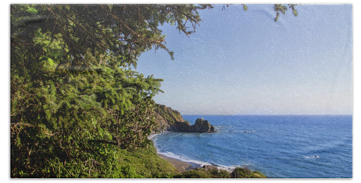 Nickel Creek Campground Beach Towel featuring the photograph Trees and ocean by Kunal Mehra