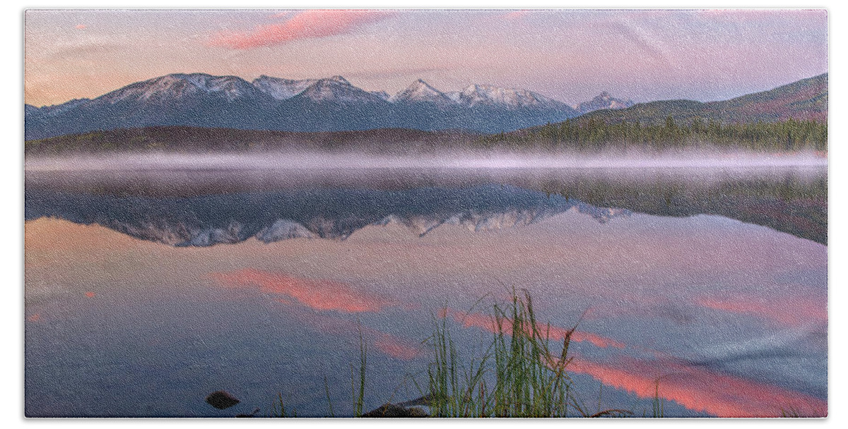00575361 Beach Towel featuring the photograph Trident Range From Pyramid Lake, Jasper by Tim Fitzharris