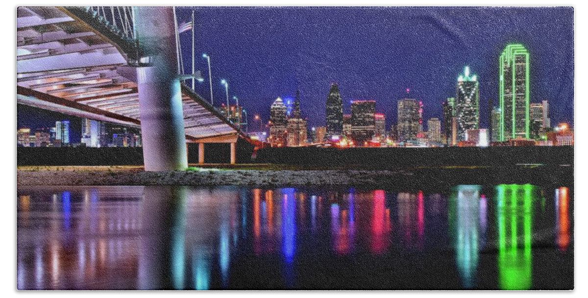 Dallas Beach Sheet featuring the photograph Trinity River Night View of Dallas by Frozen in Time Fine Art Photography