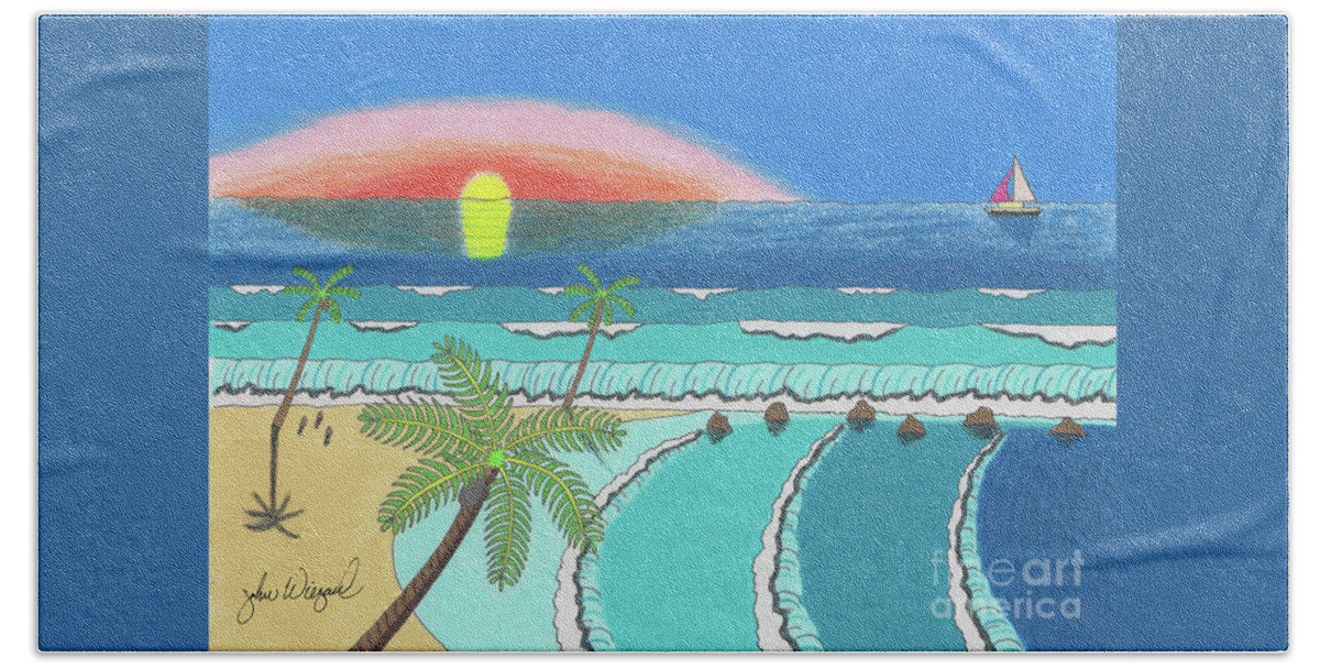 Beach Beach Sheet featuring the drawing Tropical Sunrise by John Wiegand