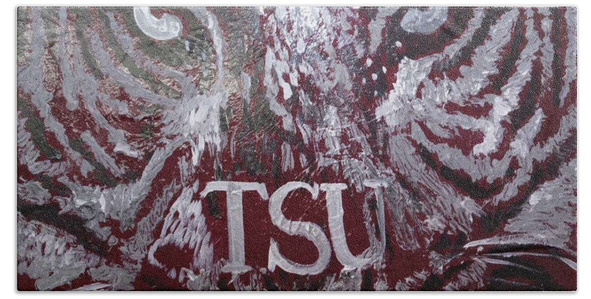 Tsu Maroon And Grey Beach Towel featuring the painting TSU Soul by Femme Blaicasso