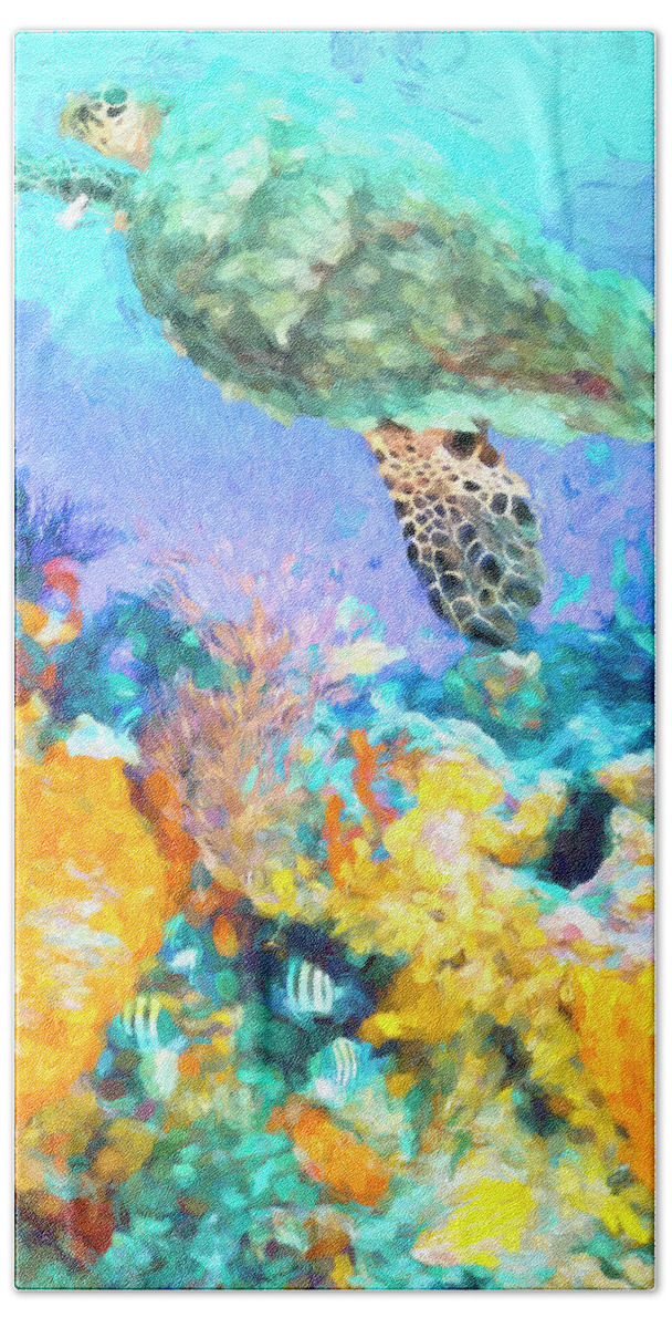 Atlantic Beach Towel featuring the photograph Turtle at the Reef Watercolor Painting by Debra and Dave Vanderlaan