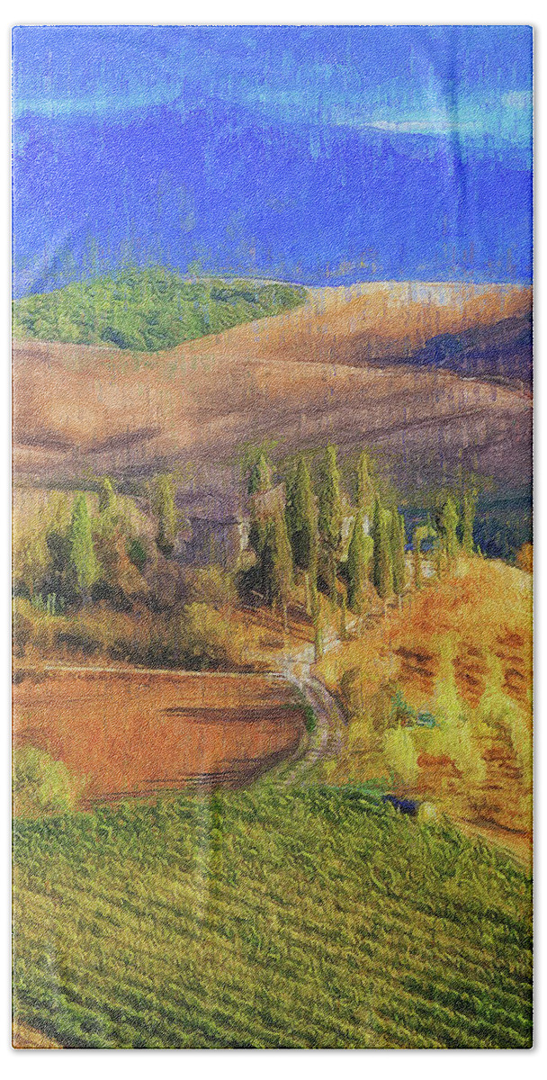 Italian Landscape Beach Towel featuring the painting Tuscany vineyards - 14 by AM FineArtPrints