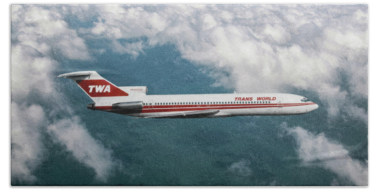 Trans World Airlines Beach Towel featuring the mixed media TWA Boeing 727 Above the Clouds by Erik Simonsen