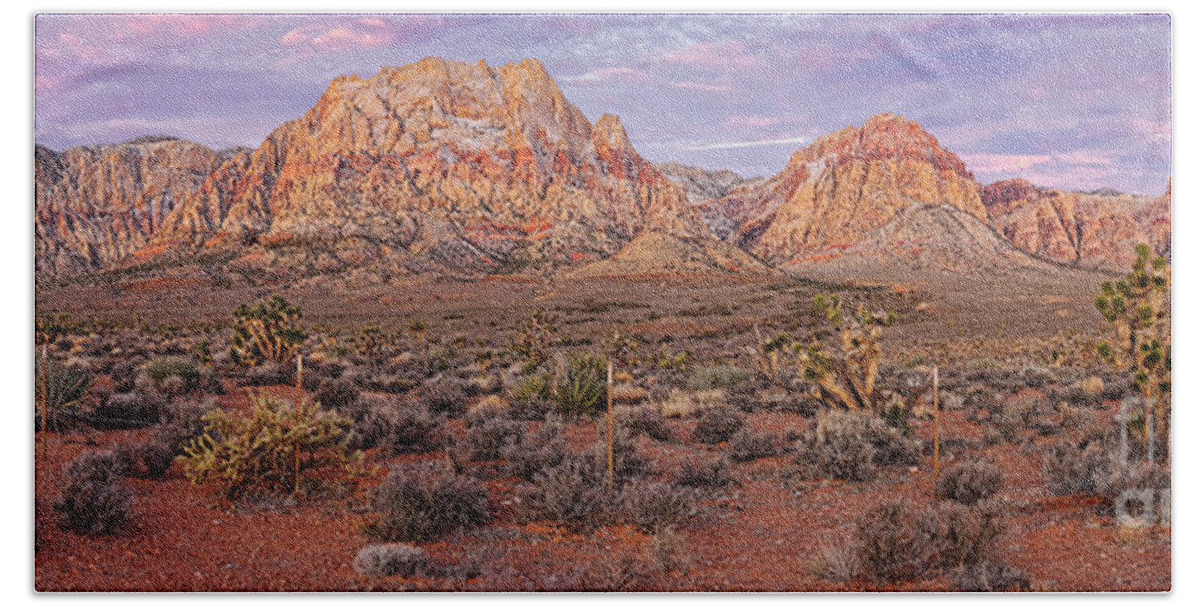 Red Rock Beach Towel featuring the photograph Twilight Panorama of Red Rock Canyon and Joshua Trees - Mojave Desert Las Vegas Nevada by Silvio Ligutti