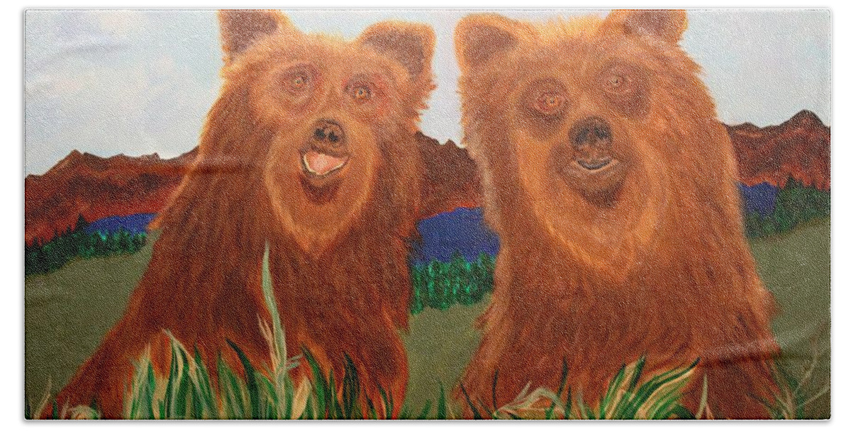 Bears Beach Towel featuring the painting Two Bears in a Meadow by Bill Manson