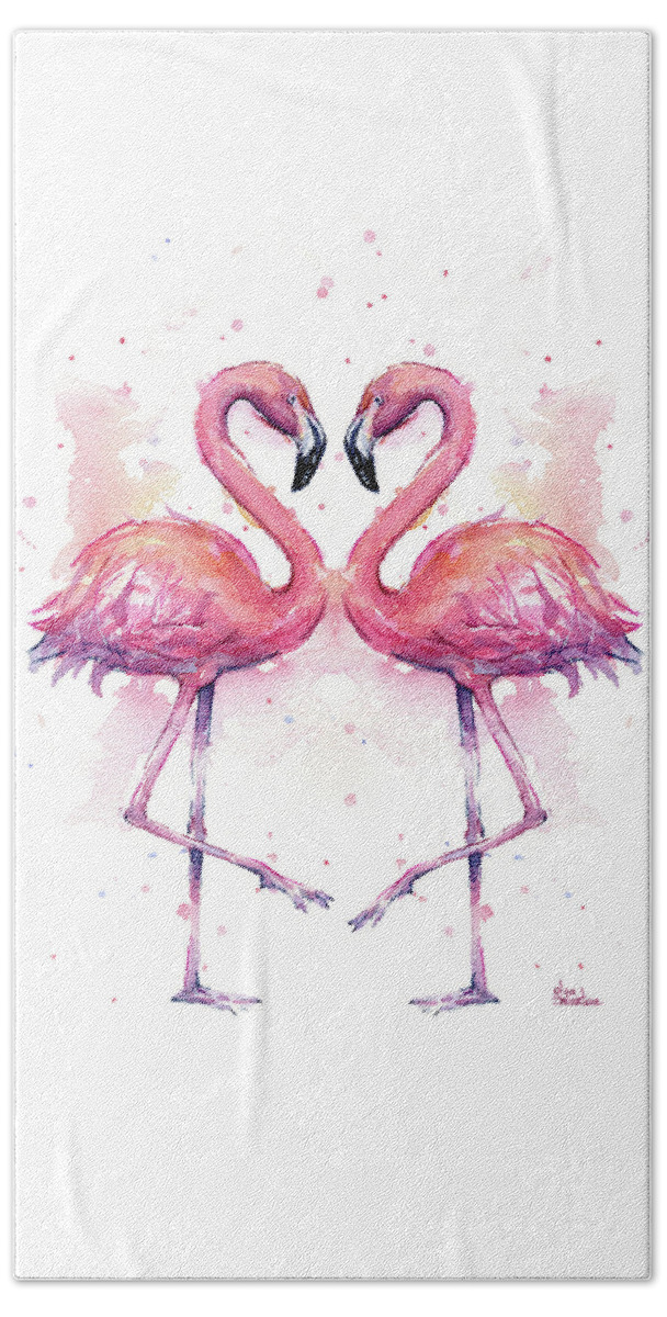 Flamingo Beach Towel featuring the painting Two Flamingos In Love Watercolor by Olga Shvartsur