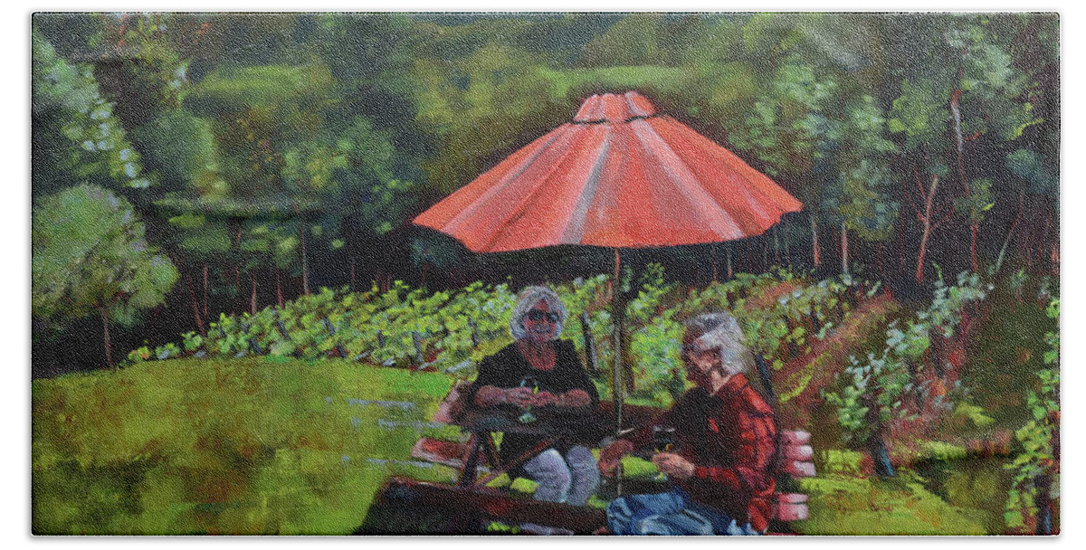 En Plein Air Beach Towel featuring the painting Two Friends at Ott Farms and Vineyards by Jan Dappen