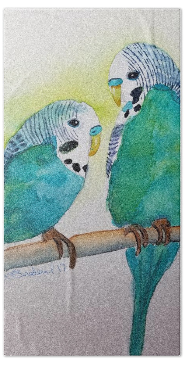 Parakeets Beach Towel featuring the painting Two Purty Birdies by Ann Frederick