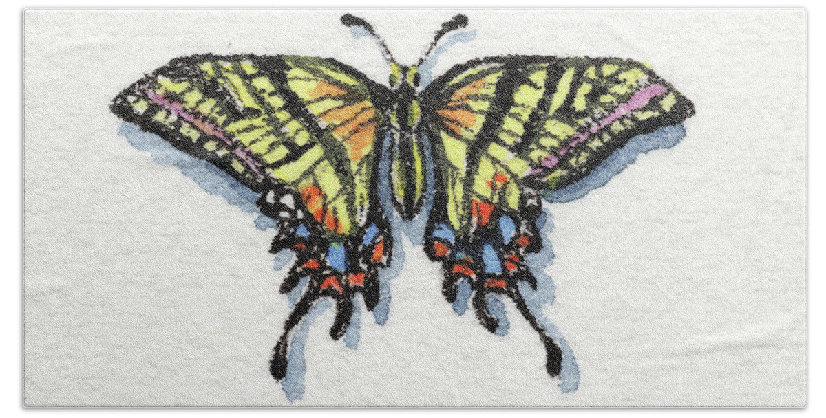 Two Tailed Beach Towel featuring the painting Two Tailed Swallowtail Papilio Multicaudata Daunus Watercolor Butterfly by Irina Sztukowski